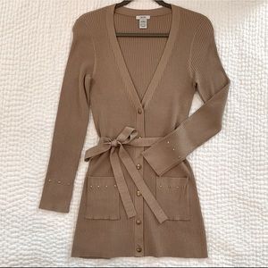 Cache Long Tan Cardigan with Gold Studs